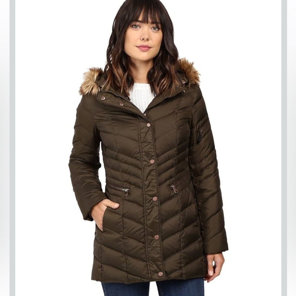 Marc New York by Andrew Marc Renee Hooded Chevron Down Coat Dark Olive Green S